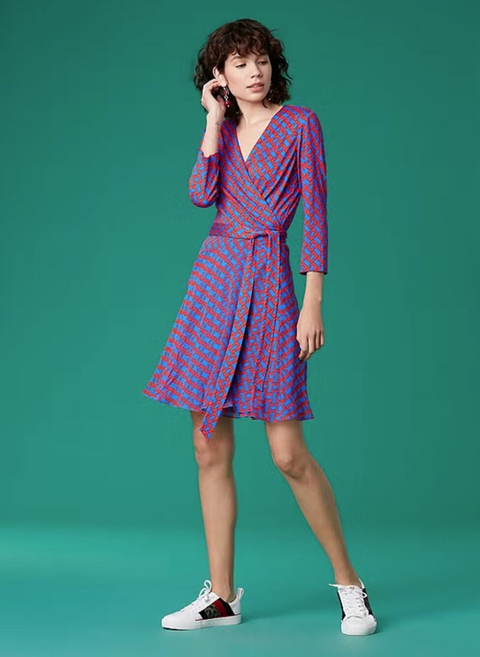 DVF Red Blue Irina Silk Jersey Block Chainlink Chain Mixed Print Wrap Dress 8